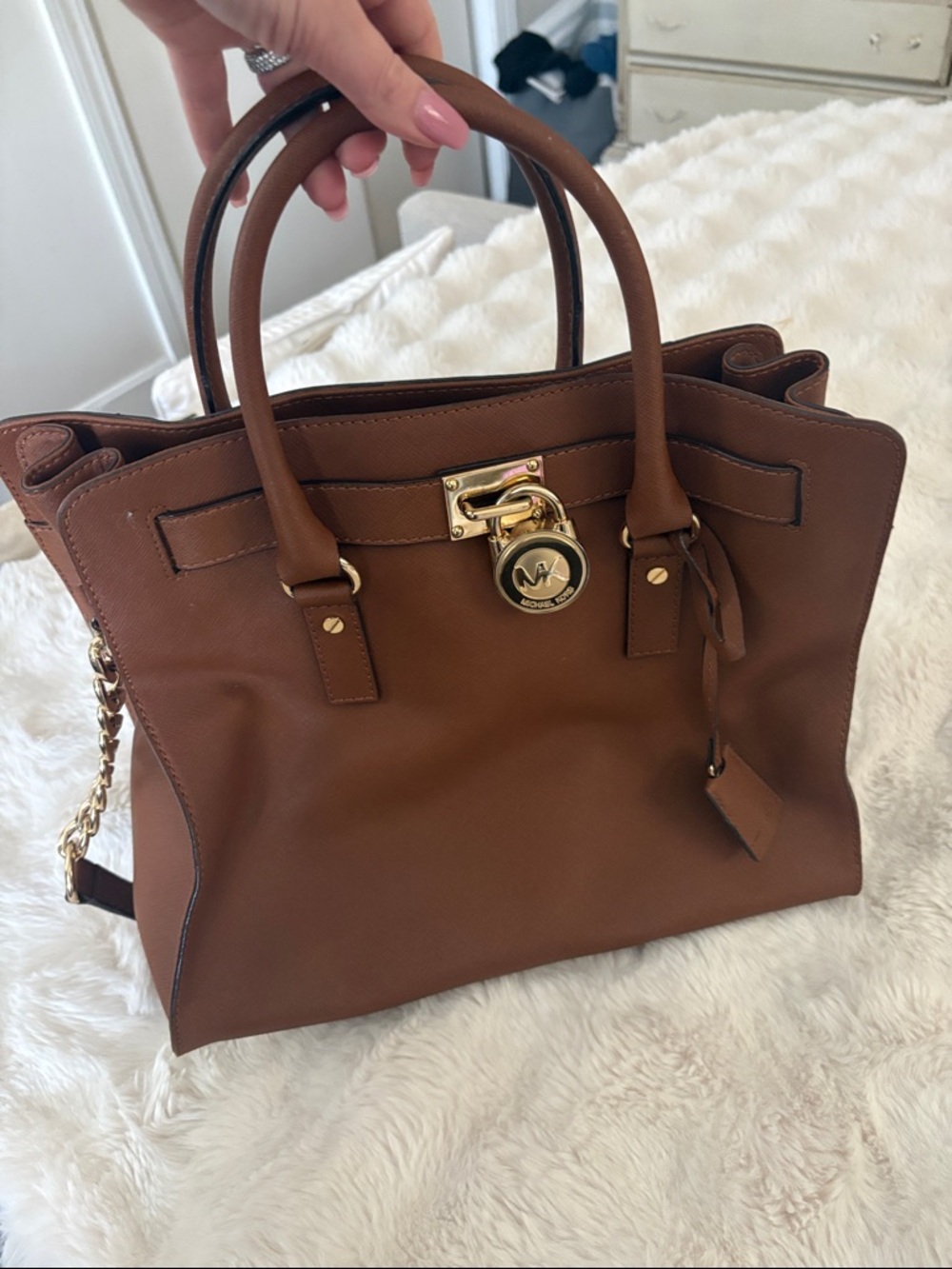 Michael Kors Cognac Leather Satchel with Gold Hardware